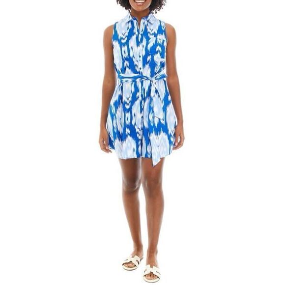 Crown & Ivy Womens L Tie Waist Boyfriend Dress Blue Ikat Print Sleeveless Summer - Picture 1 of 9